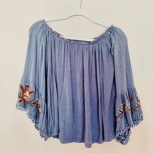 Altar’d State Off the Shoulder Periwinkle Top.